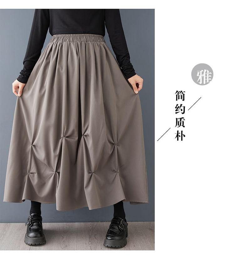 Elastic Waist Plain Asymmetrical Ruched Midi A-Line Skirt Product Image