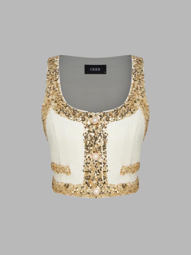 Sequin Solid Contrasting Binding Crop Jacket Vest Product Image