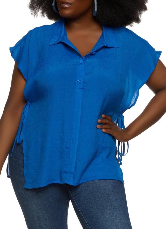 Womens Plus Size Solid Open Side Tie Button Front Top Product Image