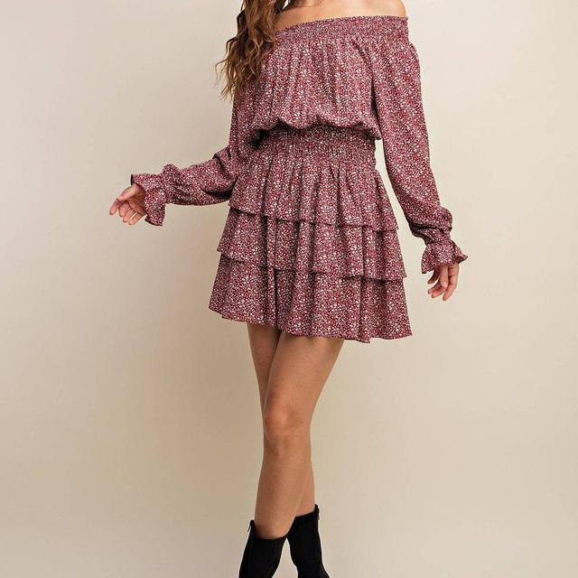 Smocked Neckline Mini Dress w/ Tiered Layers Product Image