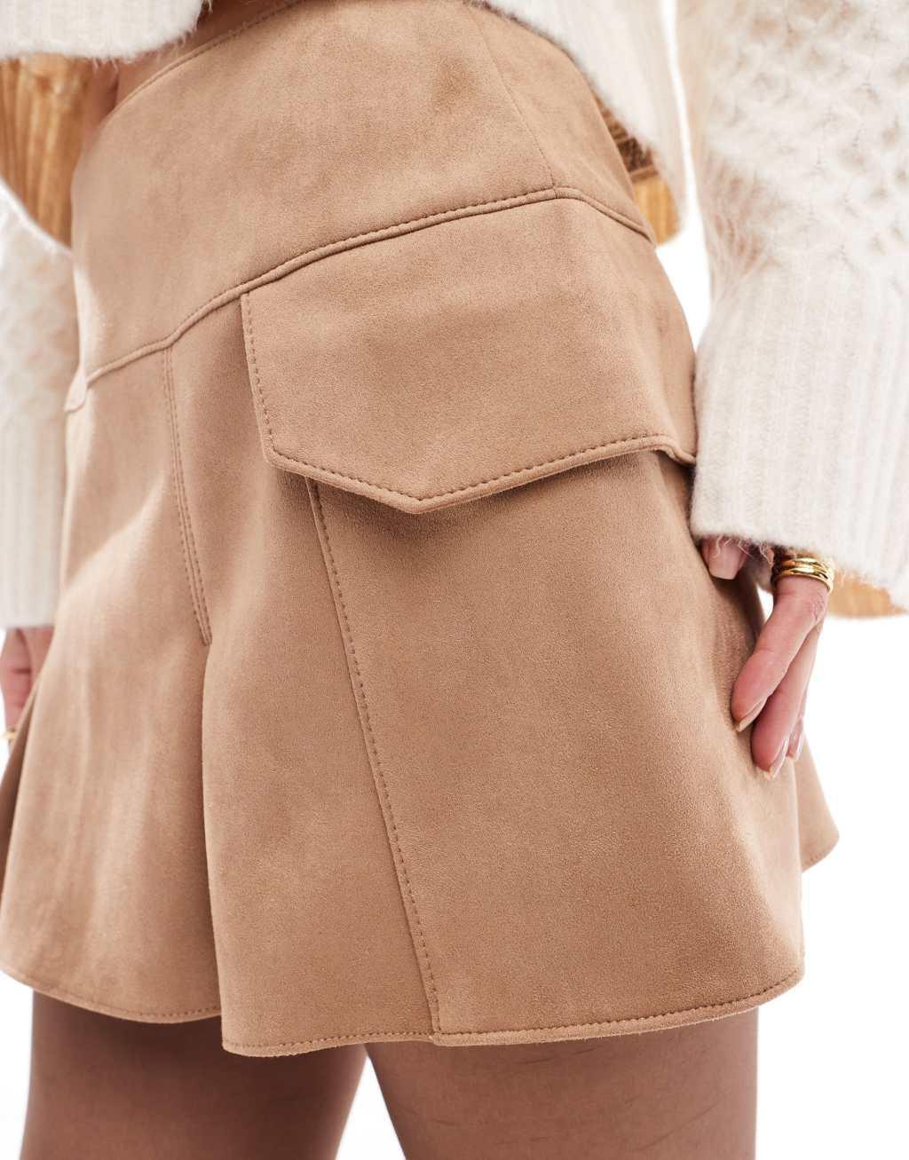 ASOS DESIGN faux suede pocket detail pleated mini skirt in tan Product Image