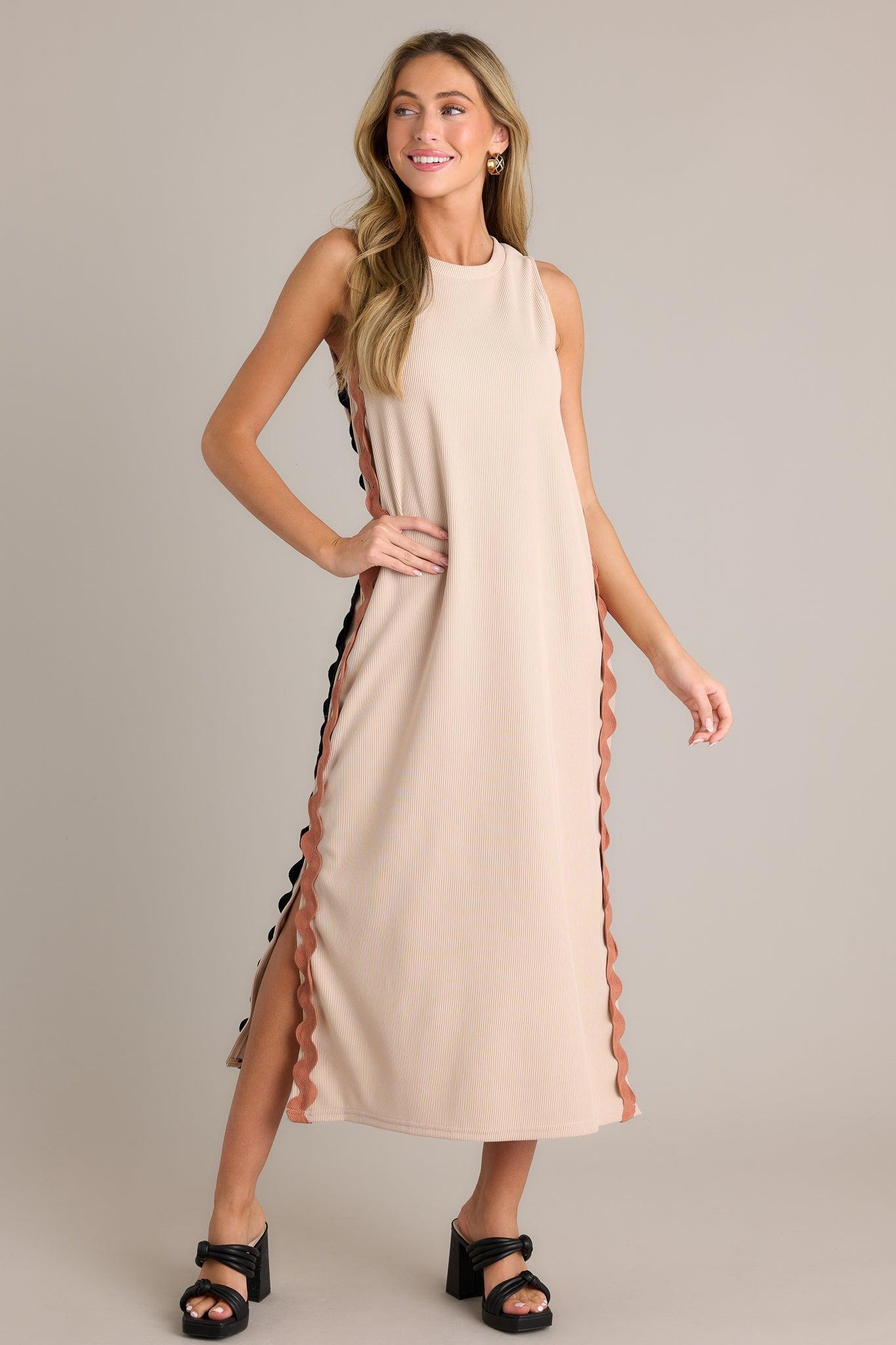 Radiant Glow Taupe Ricrac Midi Dress Product Image