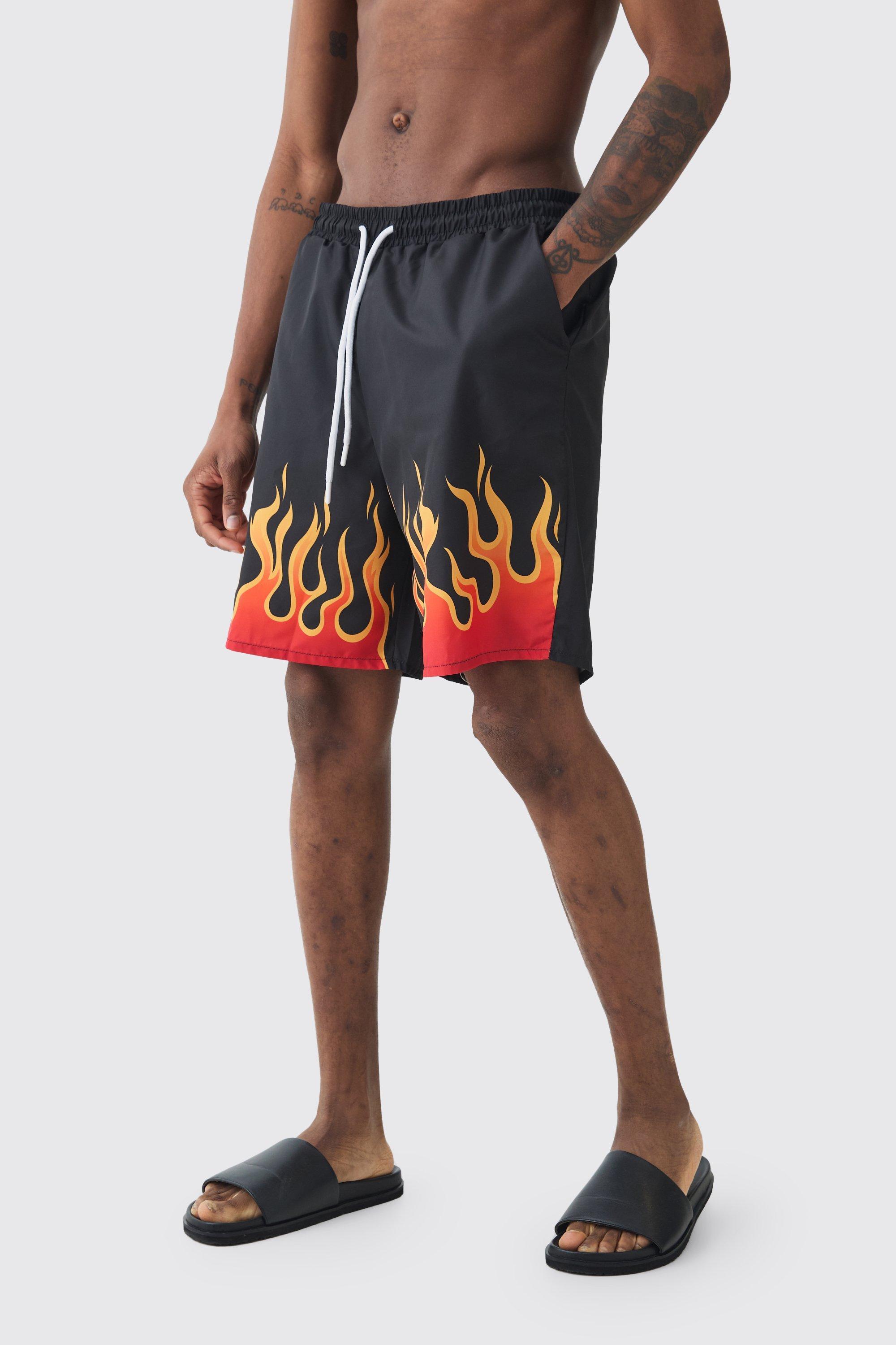 Tall Flame Hem Print Swim Trunks | boohooMAN USA Product Image