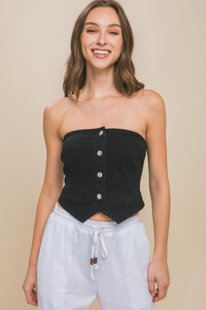 Denim Strapless Button-Up Crop Top Product Image