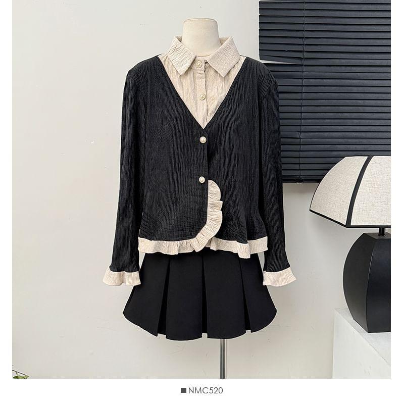 Ruffle-Trim Mock Two-Piece V-Neck Shirt Product Image