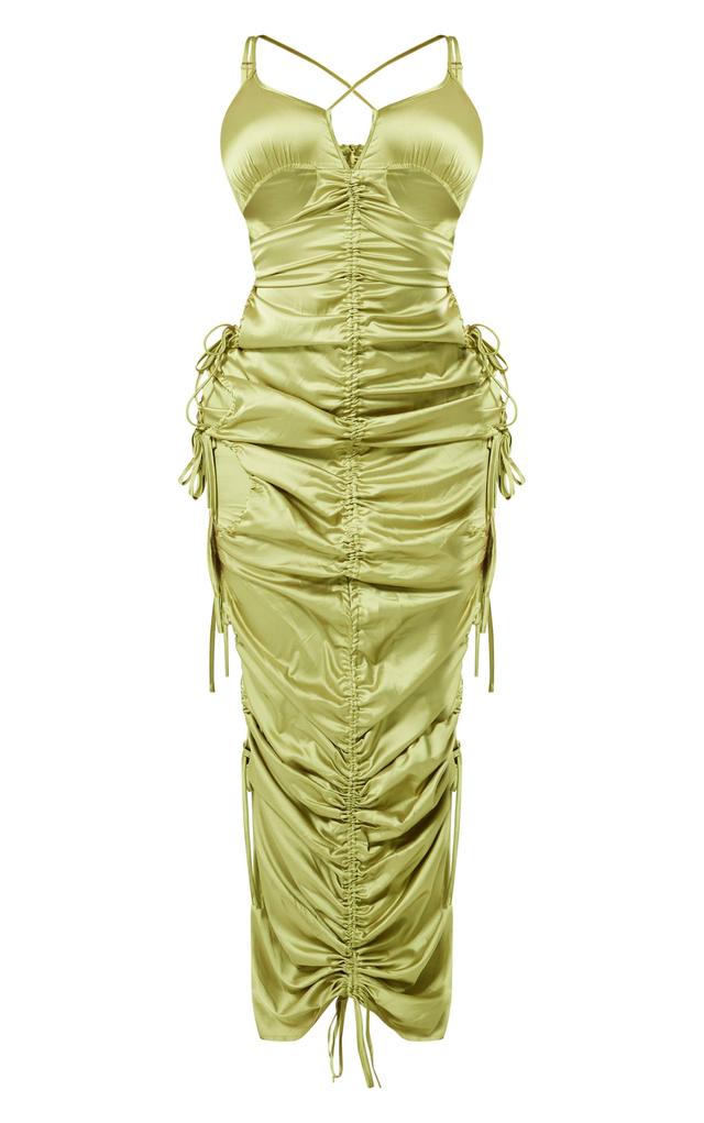 Shape Olive Satin Ruched Strappy Detail Maxi Dress Product Image