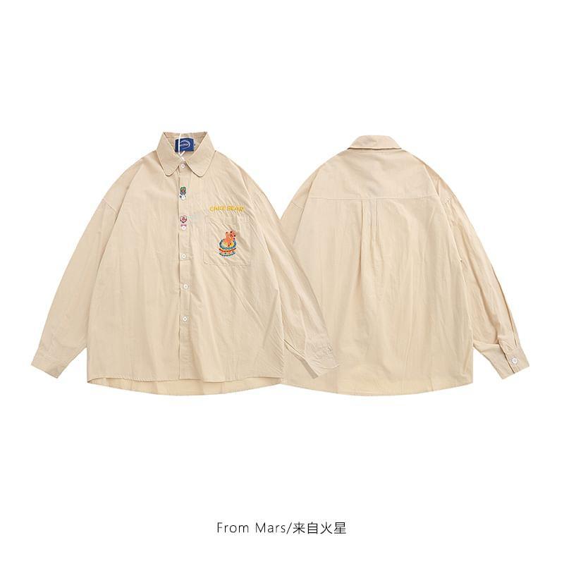 Collared Plain Embroidered Button Shirt Product Image