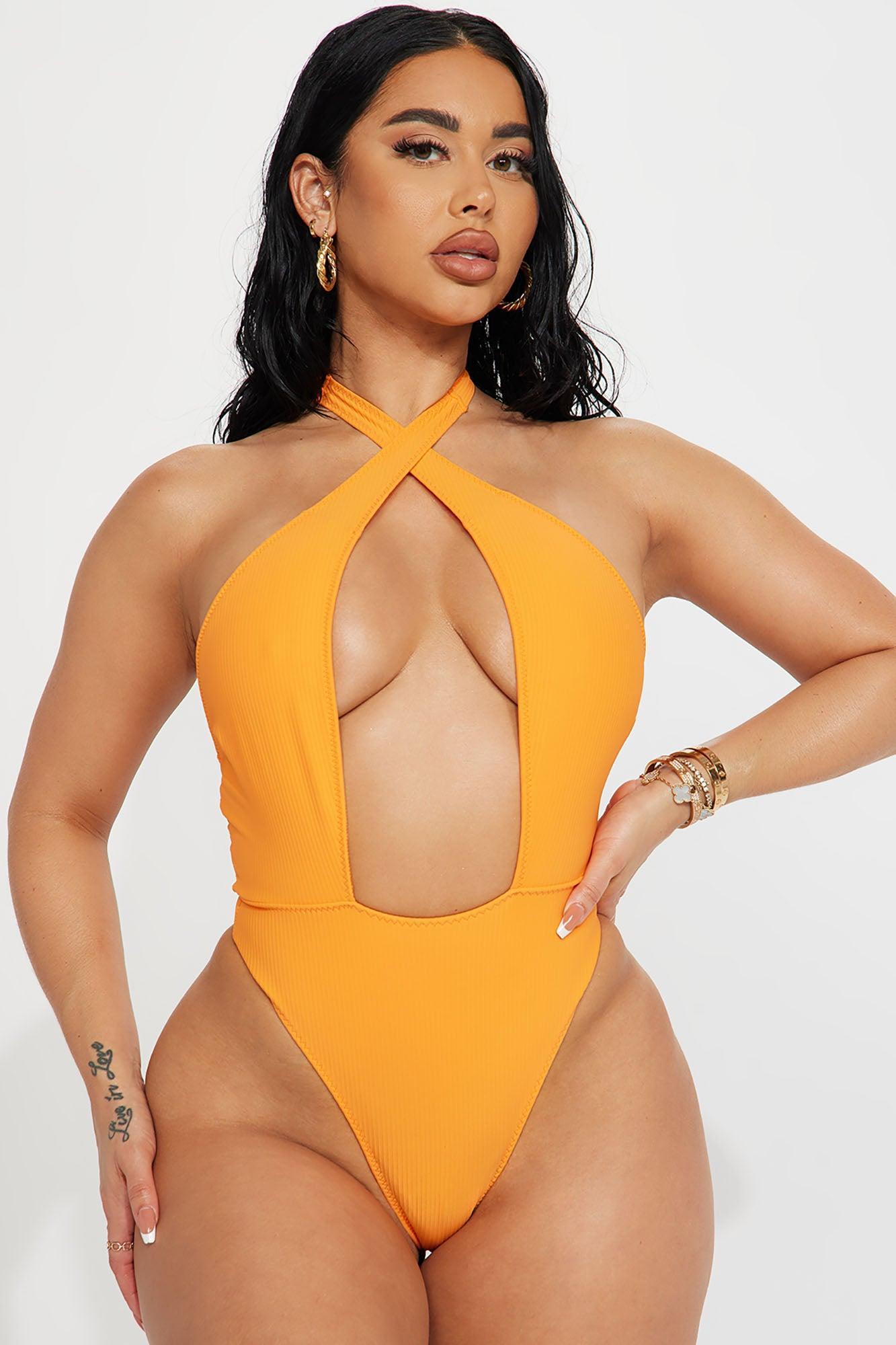 Summer Songs Ribbed Plunge 1 Piece Swimsuit - Orange Product Image