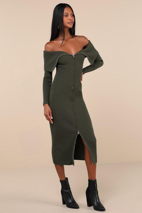 Trendy Aura Olive Green Off-the-Shoulder Zip-Front Sweater Dress Product Image