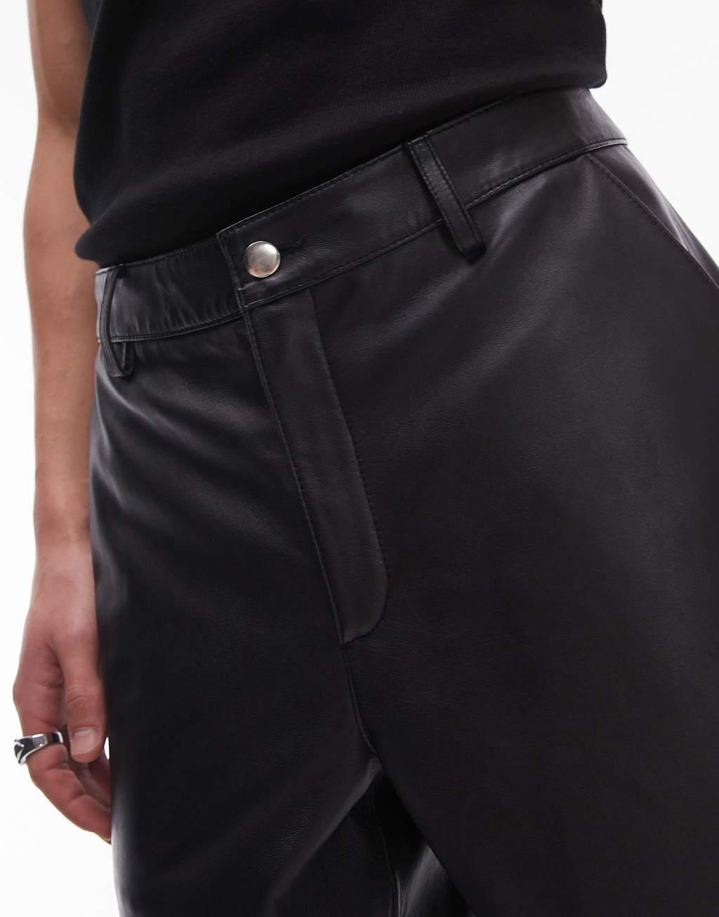 Topman premium straight leather pants in black Product Image