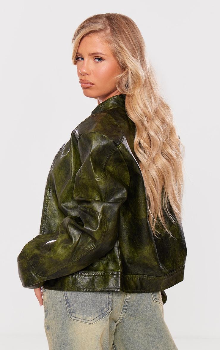 Dark Green Faux Leather Washed Boxy Biker Jacket Product Image