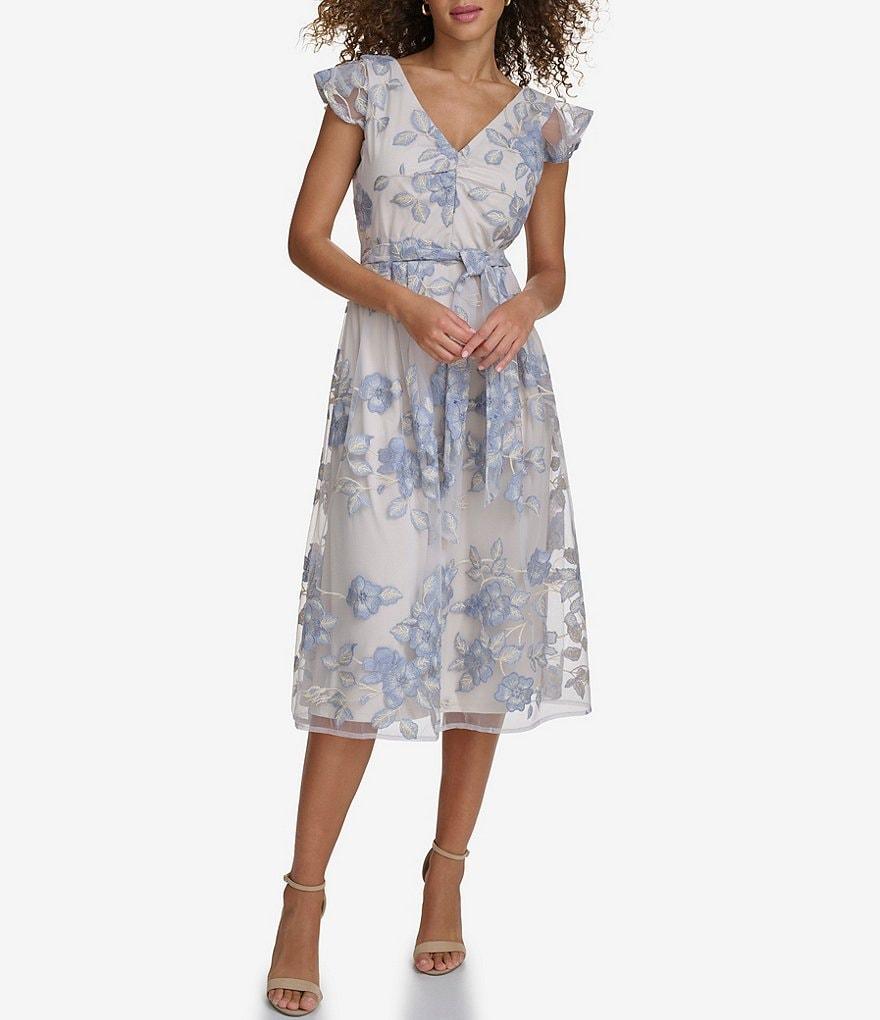 Kensie Embroidered Lace V-Neck Flutter Short Sleeve Tie Waist Midi A-Line Dress Product Image