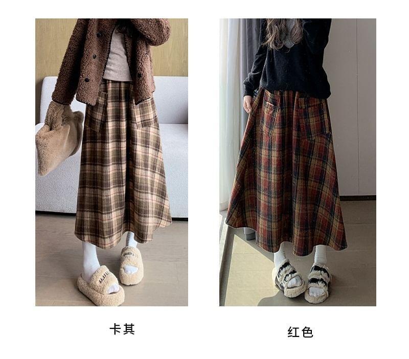 Elastic Waist Plaid Midi A-Line Skirt Product Image