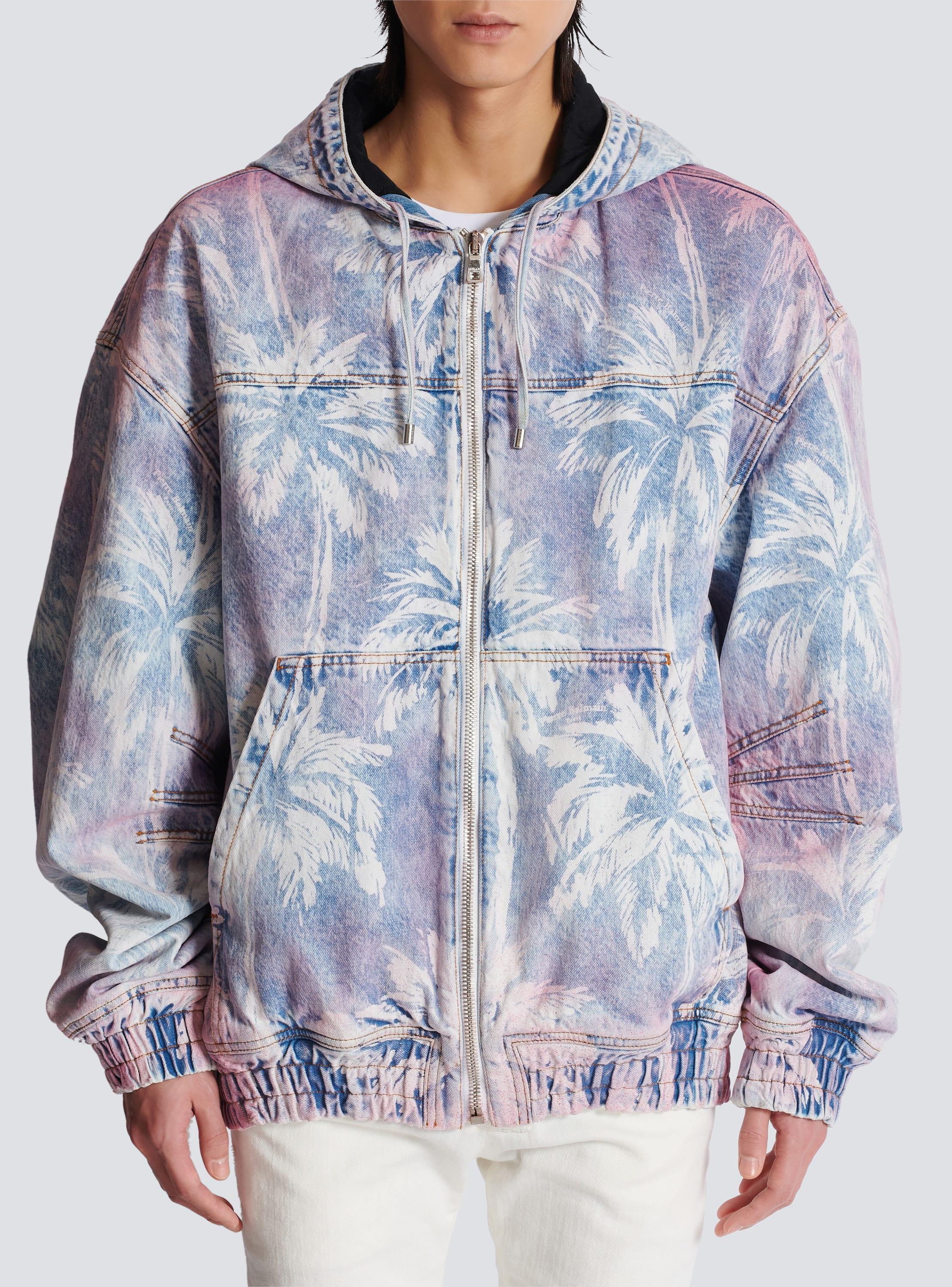 Denim hooded bomber jacket with palm tree print Product Image