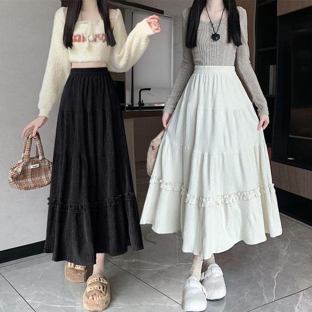 High Waist Plain Ruffle Maxi A-Line Skirt Product Image