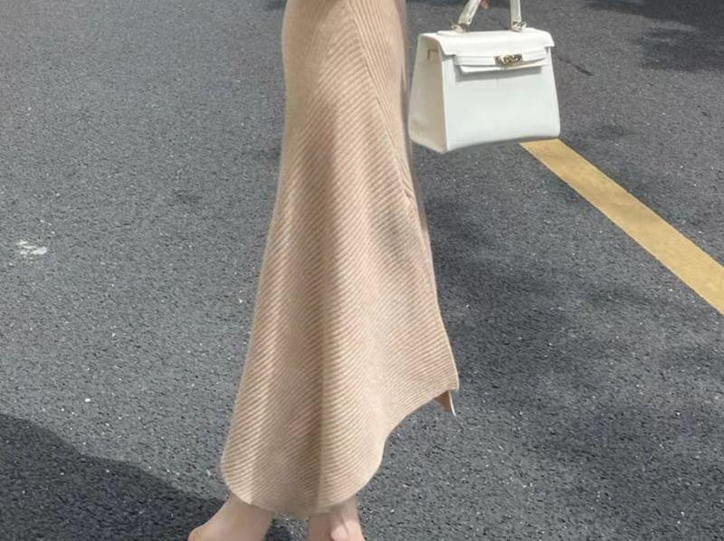 One-Shoulder Long Sleeve Plain Ribbed Midi Knit Dress Product Image