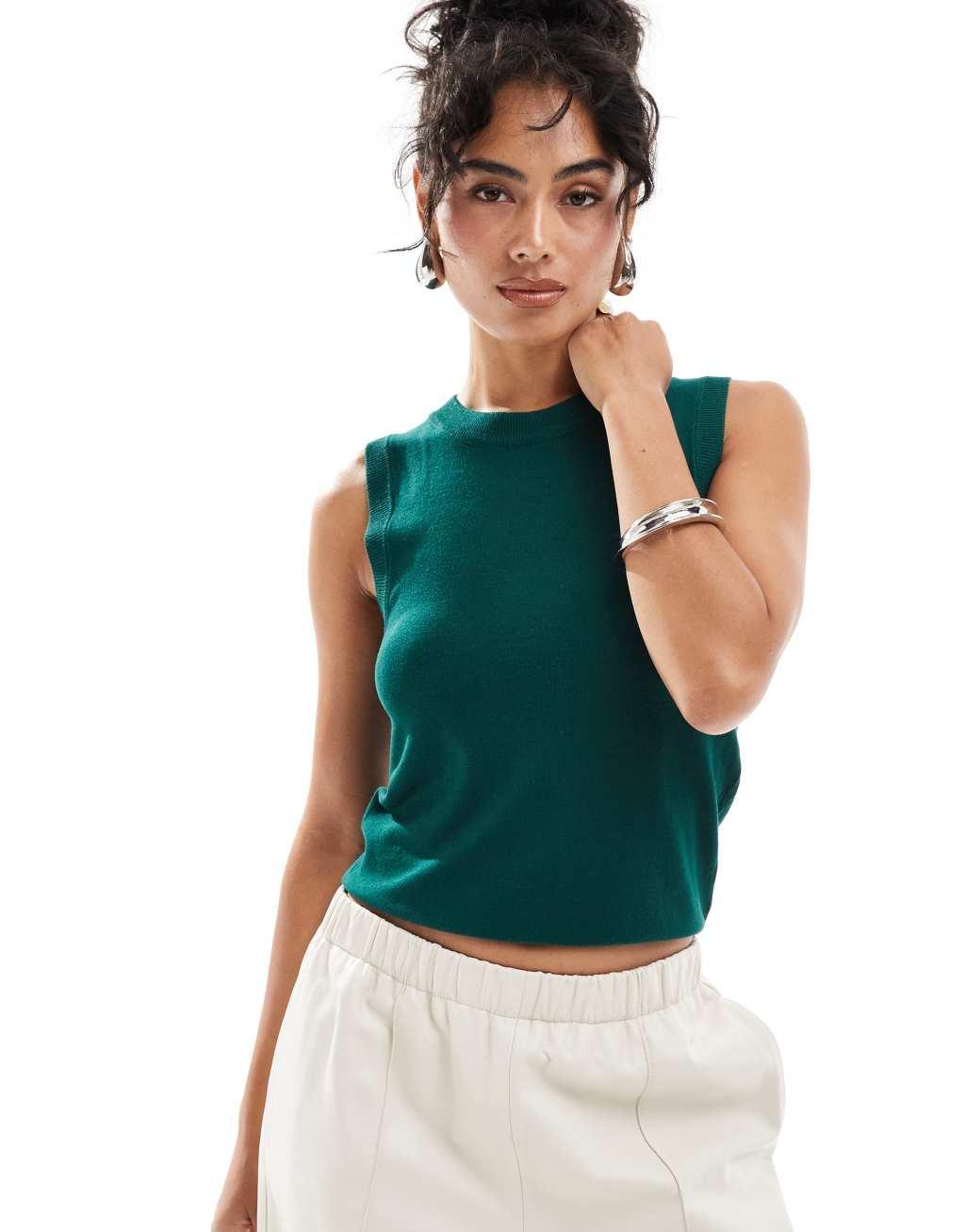 Mango sleeveless round neck top in dark green Product Image