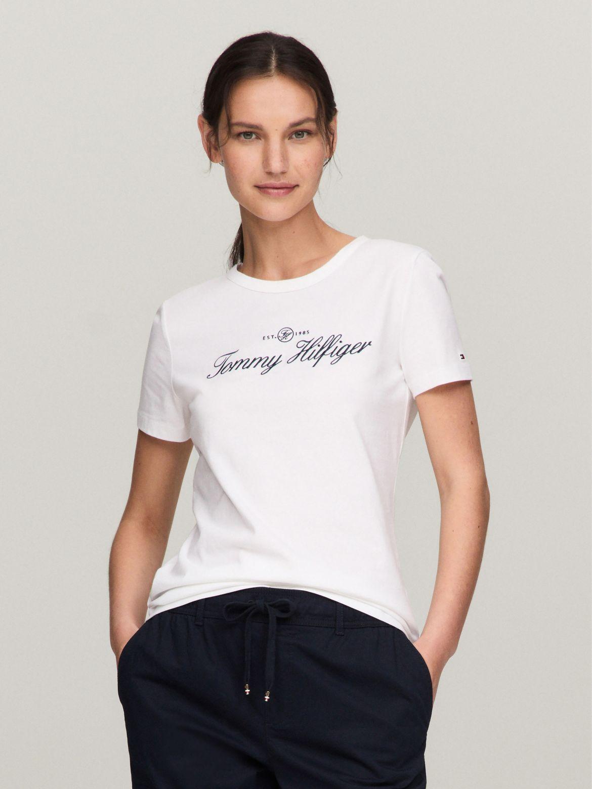 Tommy Hilfiger Women's Slim Fit Embroidered Signature T-Shirt Product Image