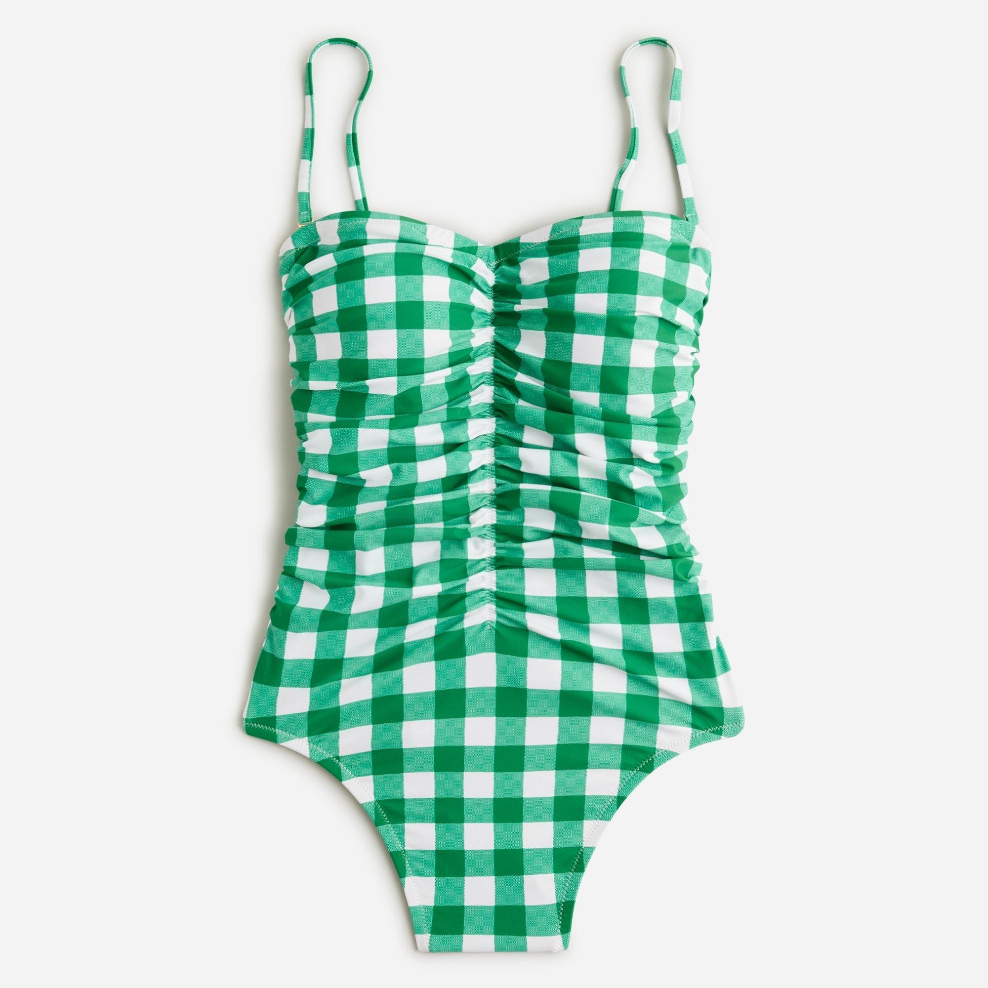 Ruched sweetheart one-piece swimsuit in green gingham Product Image