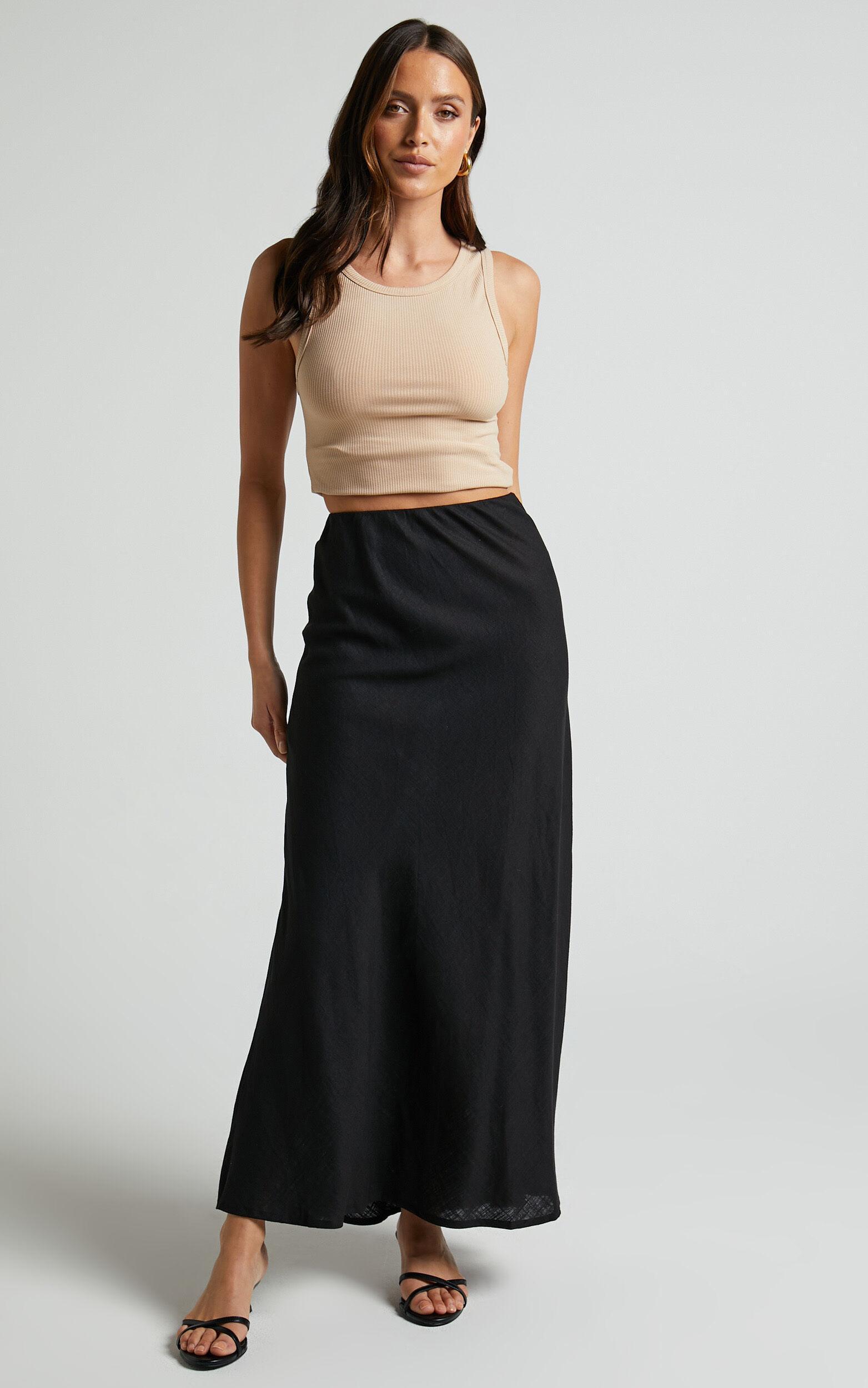 Collins Midi Skirt - Linen Look High Waisted Linen Look Bias Slip Skirt in Black Product Image