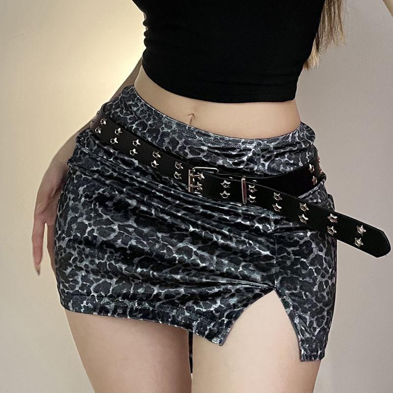 Mid Waist Leopard Print Slit Mini Pencil Skirt Product Image