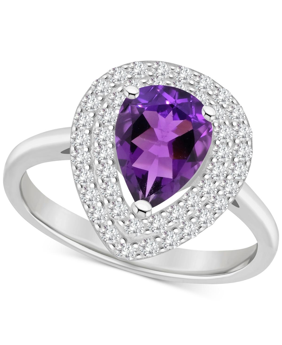 Celebration Gems Sterling Silver Teardrop Amethyst & White Topaz Double Halo Ring, Womens Product Image