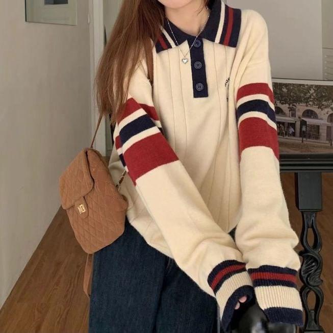 Long Sleeve Color-Block Striped Loose-Fit Polo Sweater Product Image