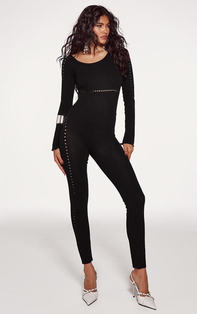 Black Sheer Knit Cut Out Detail Jumpsuit Product Image