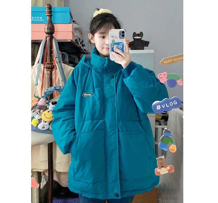 Stand Collar Plain Hood Zip Puffer Jacket Product Image