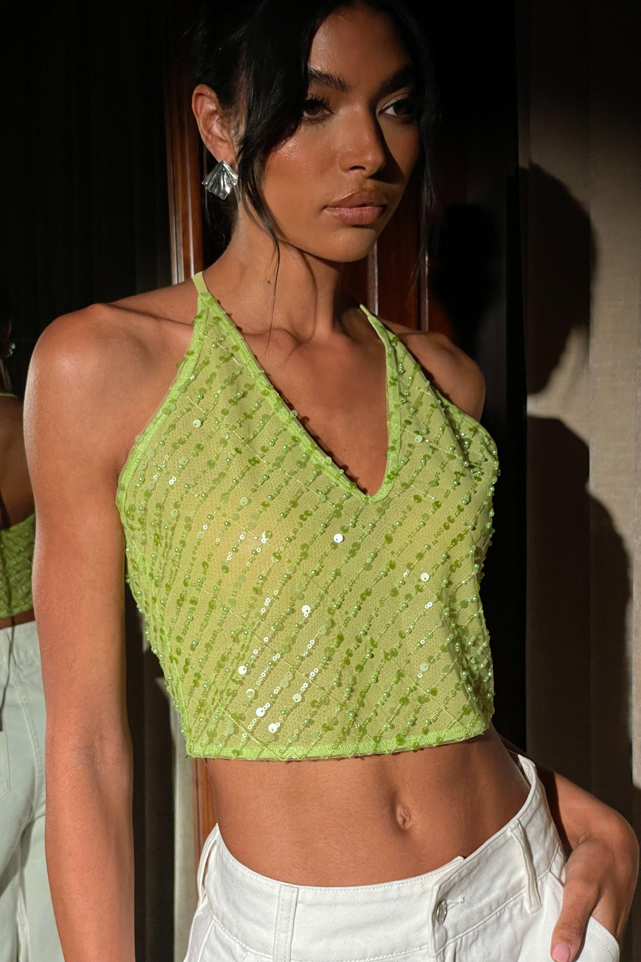 Brielle Sequin Halter Top - Parakeet Green Product Image