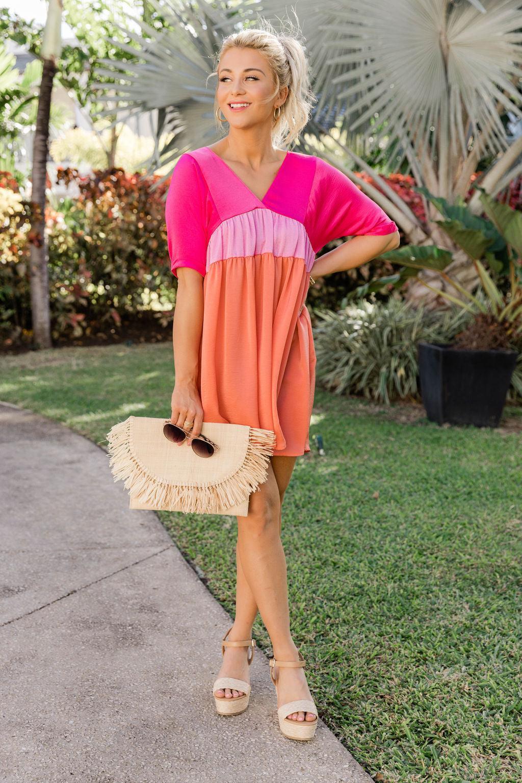 Feeling So Sweet Pink and Orange Colorblock Mini Dress FINAL SALE Product Image