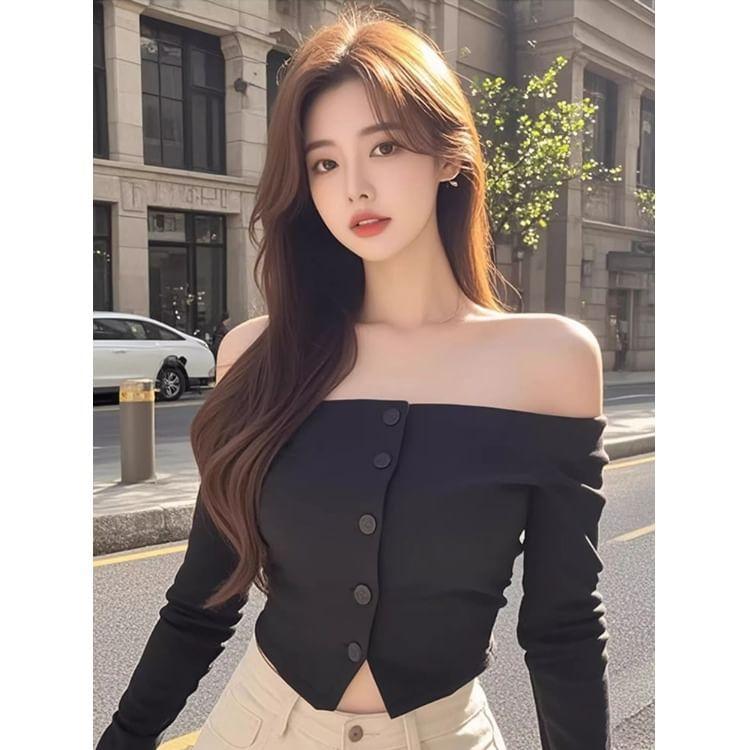 Long-Sleeve Off-Shoulder Plain Button-Up Front-Slit Crop Top Product Image