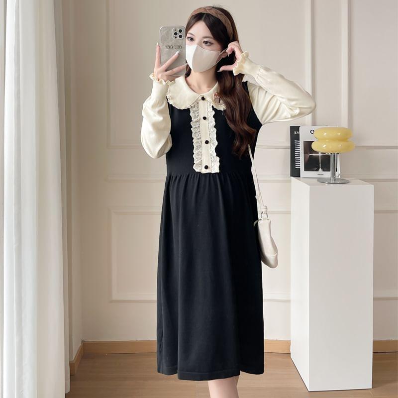 Maternity Puff-Sleeve Collar Two Tone Lace Trim Mock Two-Piece A-Line Dress Product Image