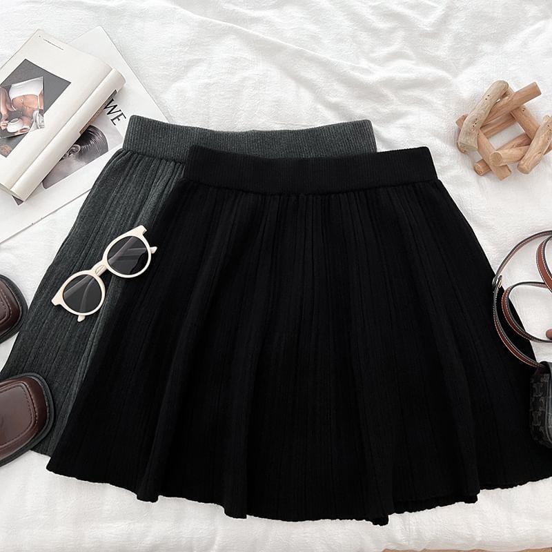 High Rise Plain Knit Mini Pleated A-Line Skirt Product Image