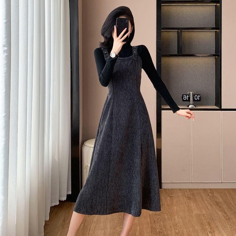 Set: Long-Sleeve Mock Neck Plain Tee + Midi A-Line Overall Dress Product Image