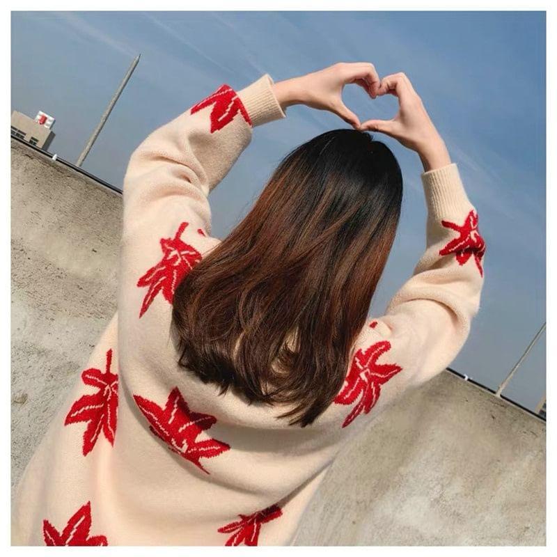 Long-Sleeve Round Neck Leaf Print Sweater Product Image