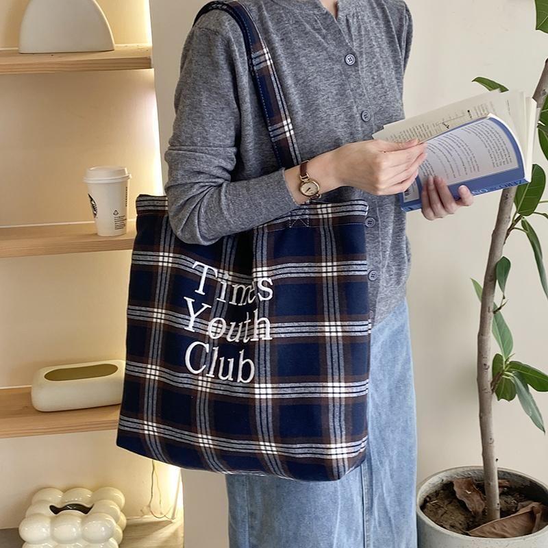 Plaid Lettering Embroidered Tote Bag Product Image