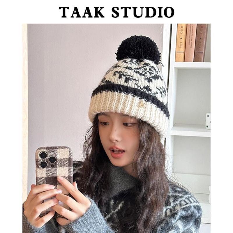 Patterned Pom Pom Knit Beanie Product Image