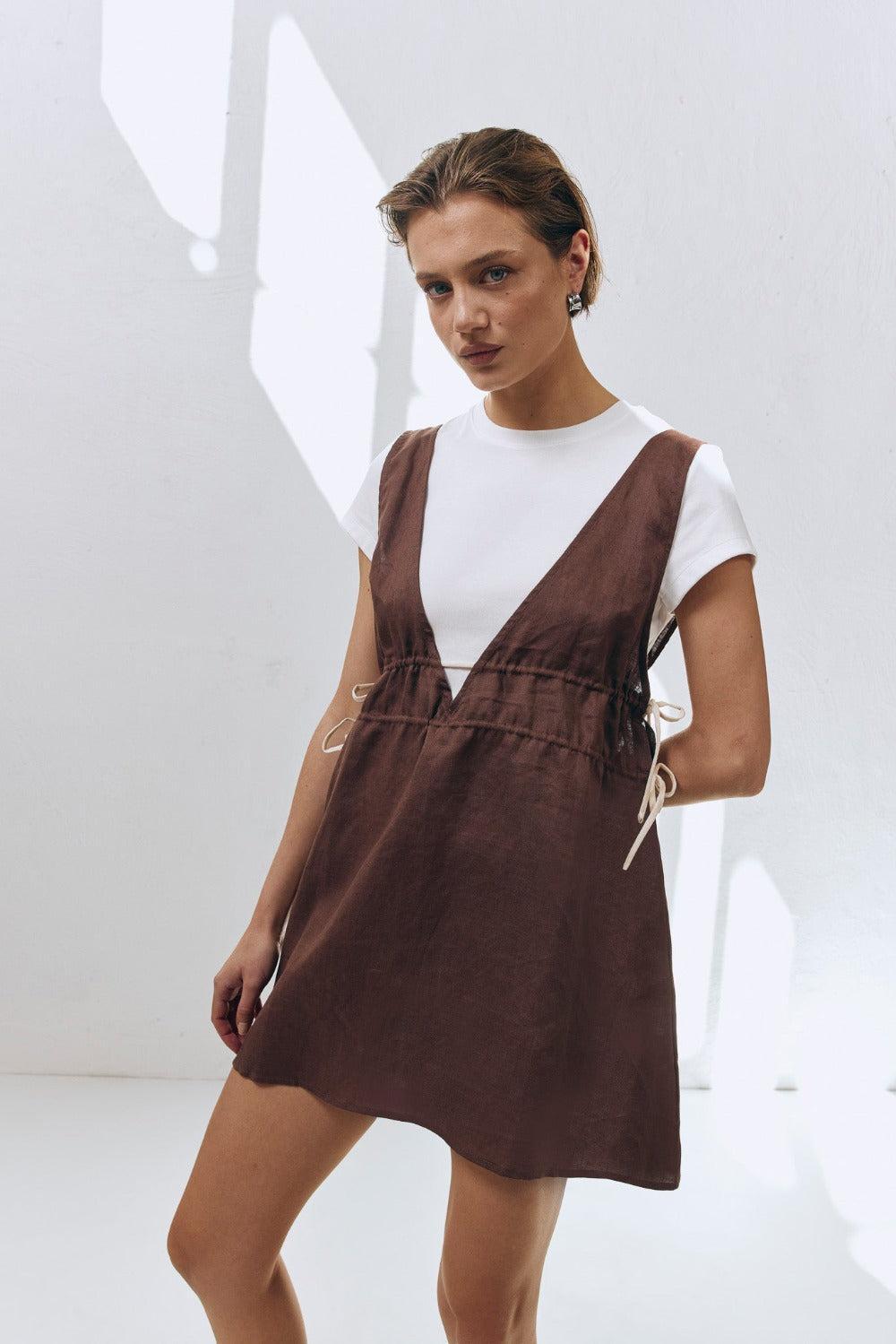 Paros Palms Linen Mini Dress Chocolate Product Image