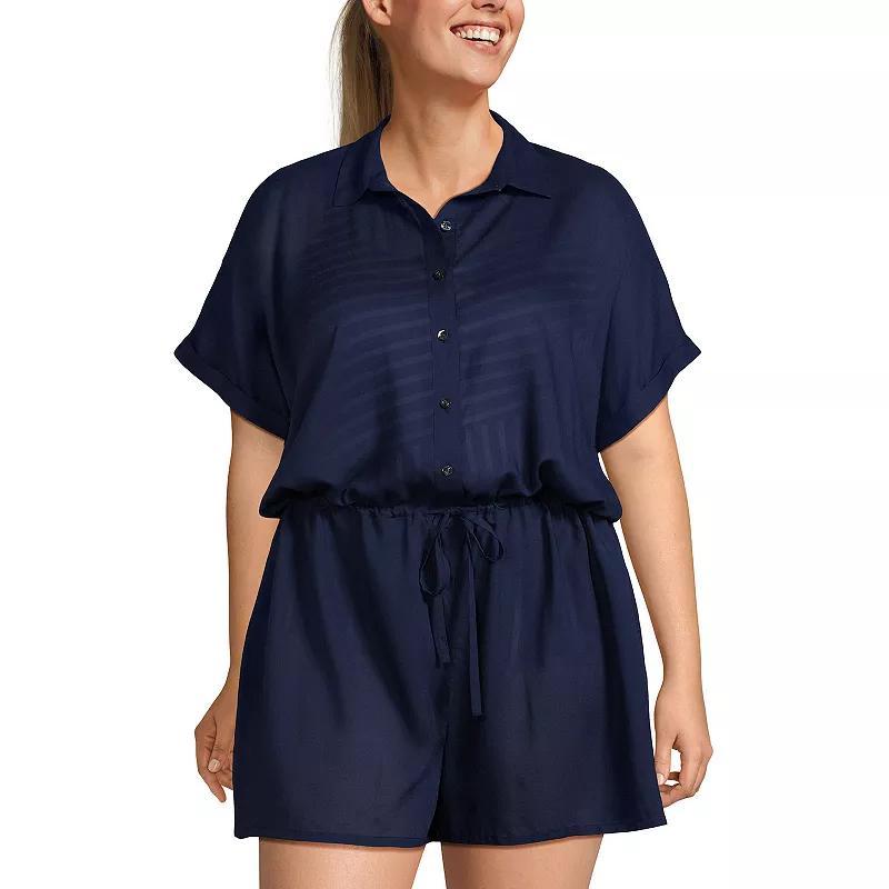 Plus Size Lands End Relaxed Short Sleeve Button Front Swim Cover-Up Romper, Womens Deep Blue Product Image