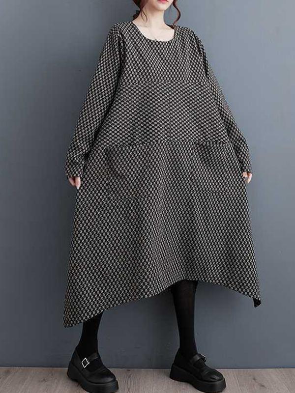 Long Sleeves Loose Pockets Printed Split-Joint Split-Side Round-Neck Midi Dresses Product Image