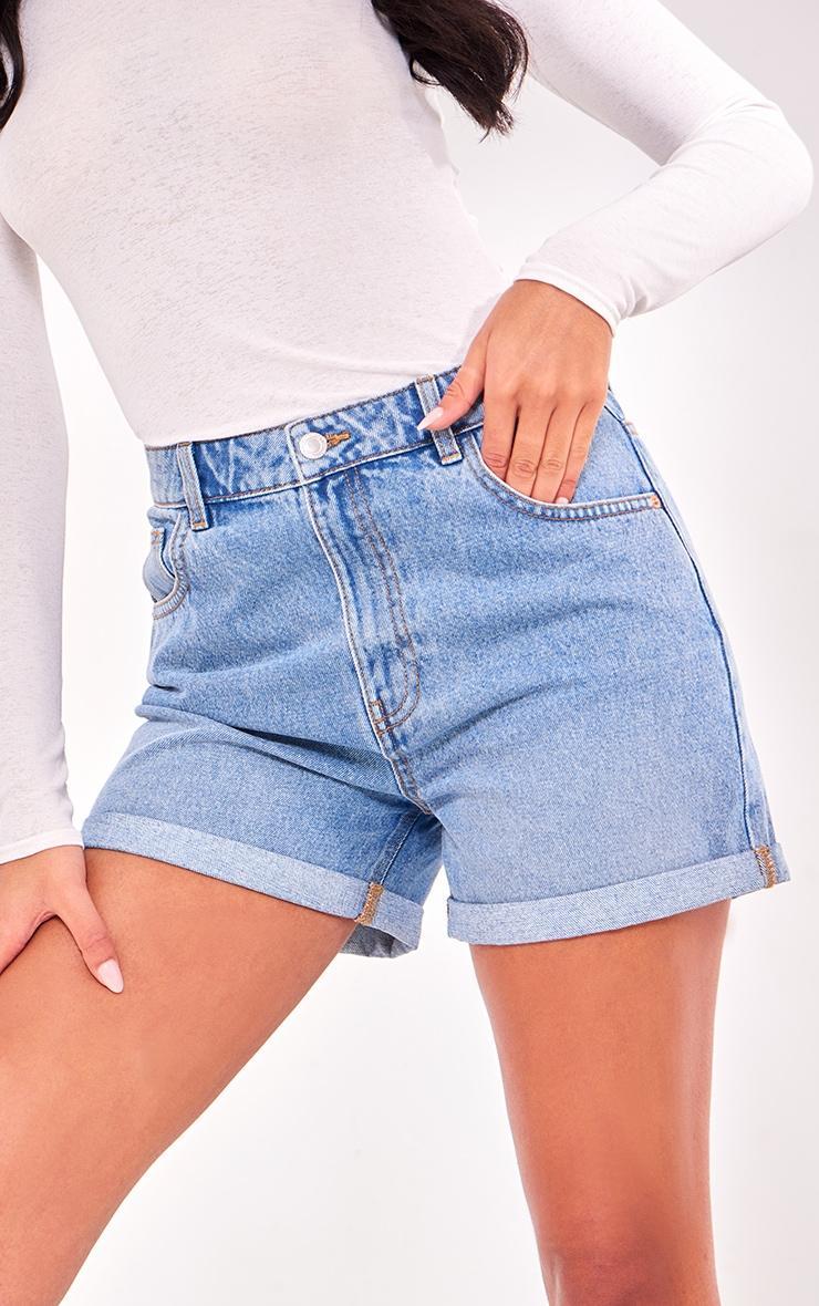 PRETTYLITTLETHING Tall Vintage Mid Wash Turn Up Mom Denim Shorts Product Image