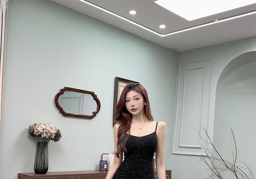 Spaghetti Strap V-Neck Sequined Slit Bodycon Maxi Dress Product Image