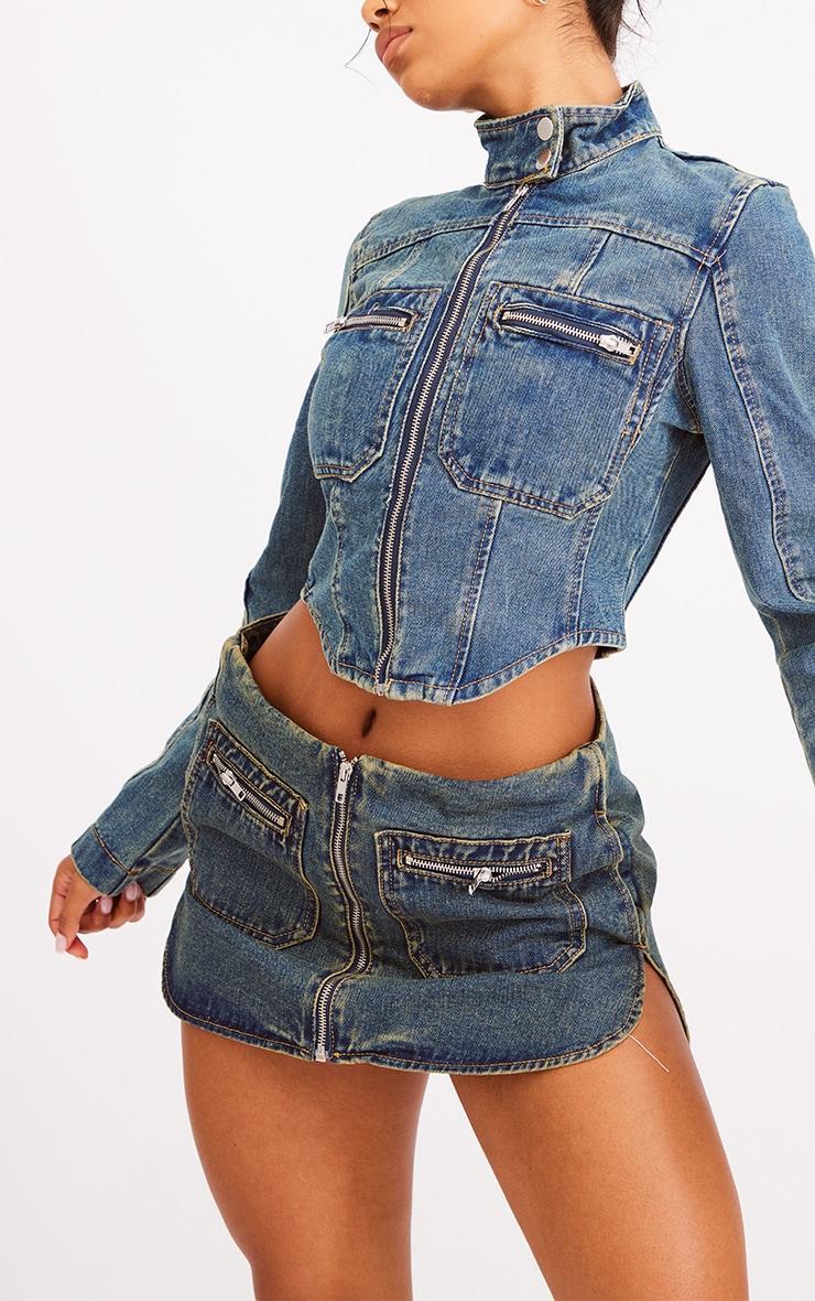 Indigo Vintage Wash Biker Detail Curved Hem Denim Skirt Product Image