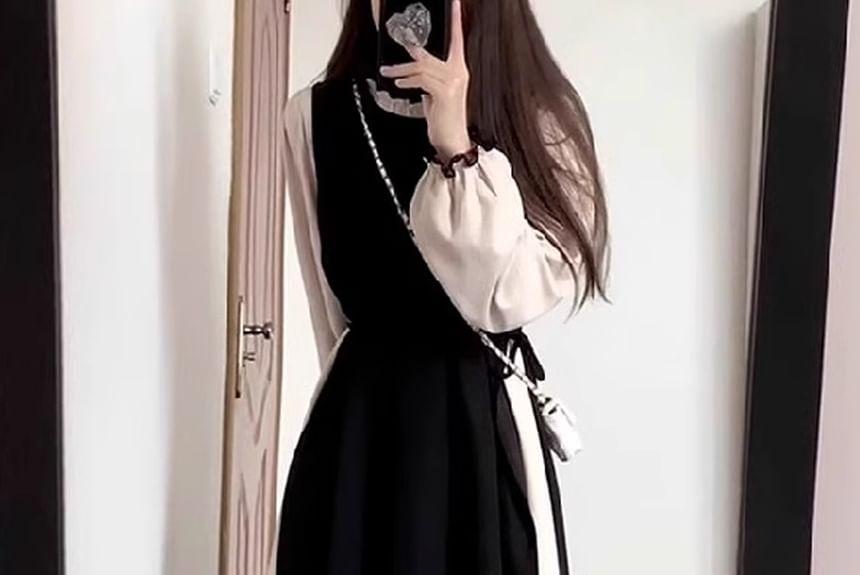 Set: Long-Sleeve Stand Collar Contrast Frill Trim Midi A-Line Dress + Crew Neck Plain Tie Side Pinafore Dress Product Image