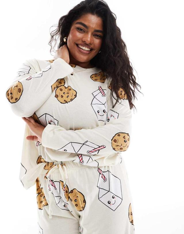 ASOS DESIGN Curve cookies and milk long sleeve top & pant pajama set in brown Product Image