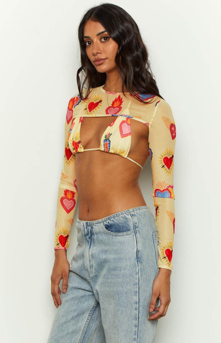 Enya Yellow Heart Printed Mesh Bra And Crop Set Product Image