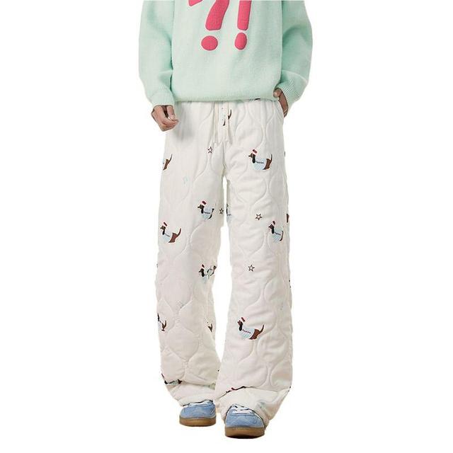 Drawstring Waist Dog Embroidered Quilted Fleece-Lined Wide Leg Pants Product Image