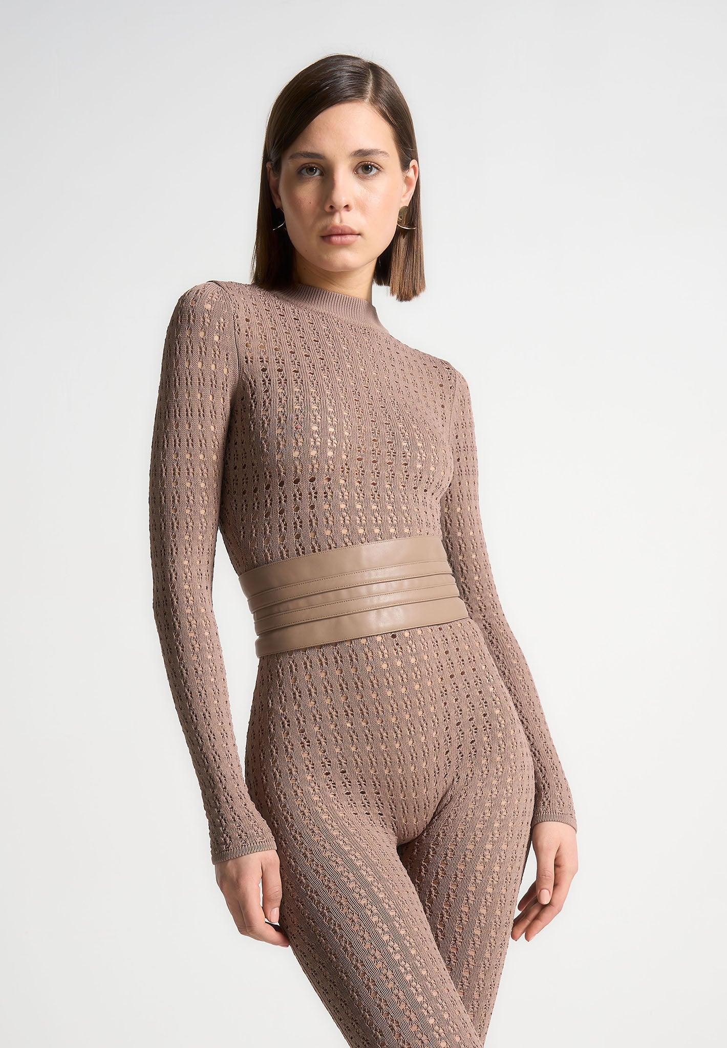 Pointelle Knit Long Sleeve Jumpsuit with Belt - Taupe Female Product Image