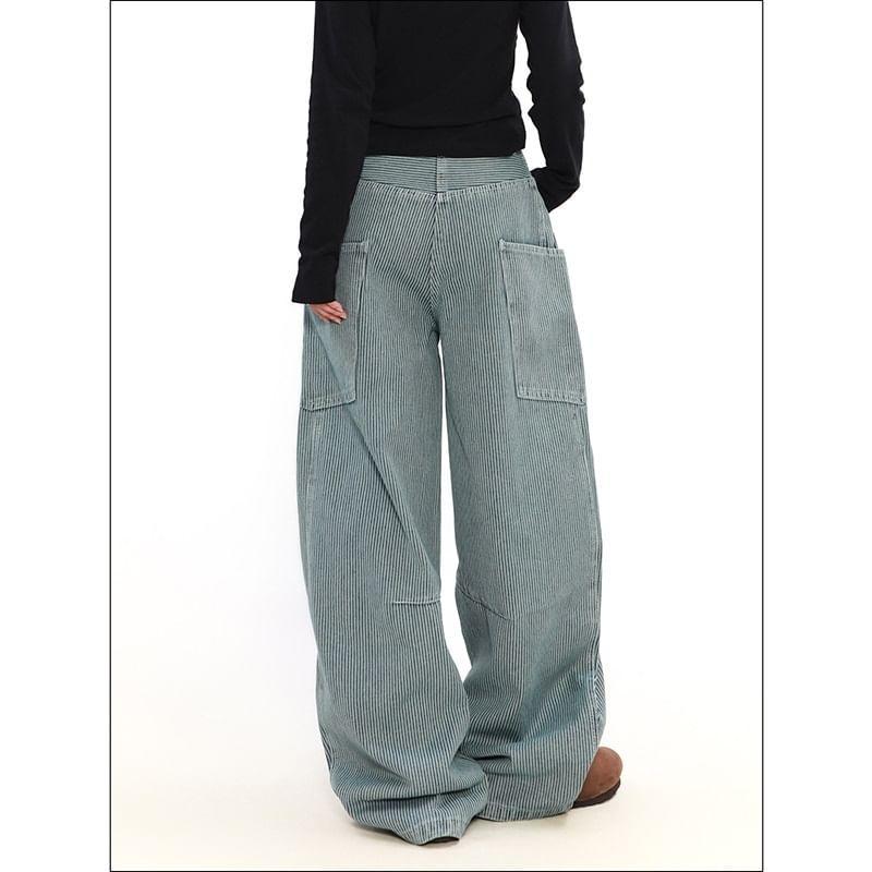 Mid Rise Striped Wide Leg Cargo Jeans Product Image